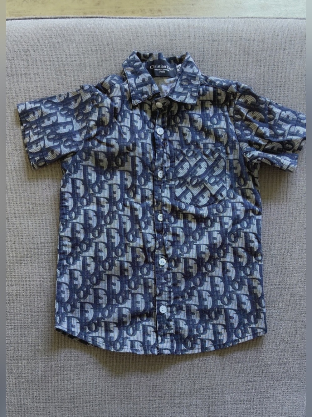 Dior Navy and Light Blue Monogram Short Sleeve Button-Down Shirt.